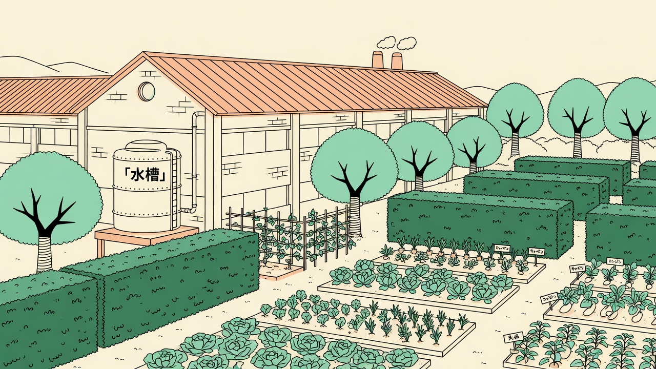 工場と菜園のある敷地のイラスト