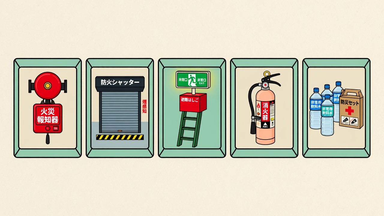 警報、シャッター、避難はしご、消火器、備蓄品のイラスト